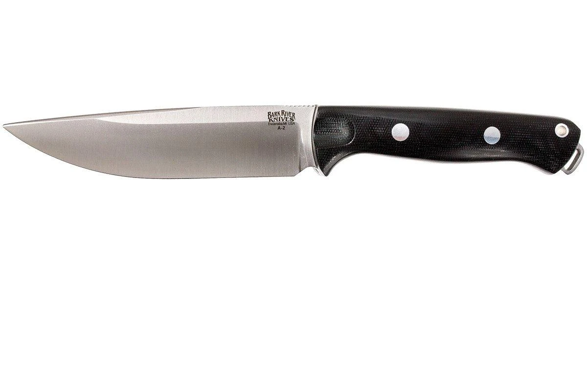 Bark River Bravo Vortex A2 Jimped, Black Canvas Micarta, Funda Marrón 1 Bark River Bravo Vortex A2 Jimped, Black Canvas Micarta, Funda Marrón